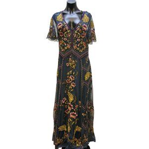 Sundance Embroidered Maxi Dress W/Slip Teal Floral V-Neck M